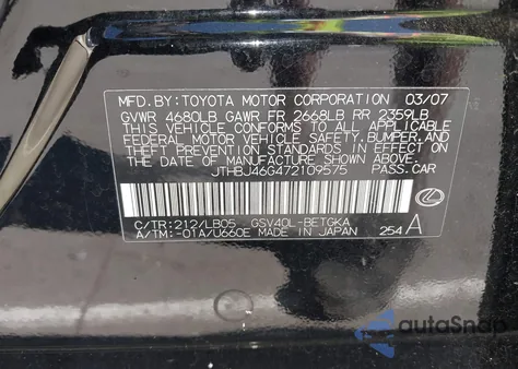 2007 Lexus Es 350 z USA, uszkodzony, nr VIN JTHBJ46G472109575